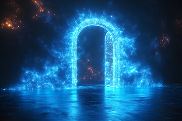 Open door icon with light shining through, designed in wireframe style on a dark blue background, symbolizing opportunity and new beginnings.

