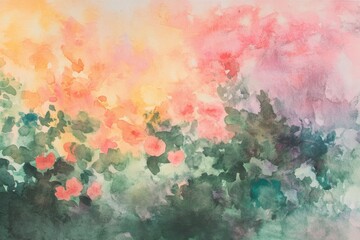 A vibrant watercolor painting of abstract flowers in a dreamy, soft ambiance with pink, orange, and green hues.