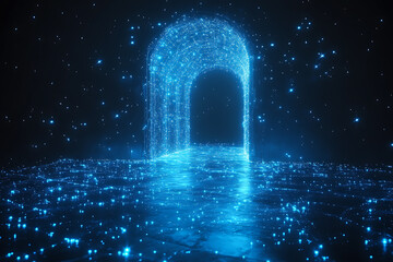 Open door icon with light shining through, designed in wireframe style on a dark blue background, symbolizing opportunity and new beginnings.

