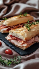 Rustic Charm Close-Up: An Irresistible Sandwich on a Slate Board with a Silk Fabric Background, Celebrating the Simplicity of Country Delights.