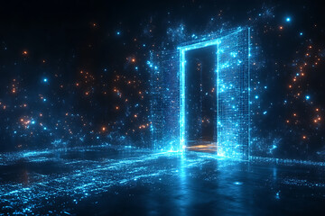 Open door icon with light shining through, designed in wireframe style on a dark blue background, symbolizing opportunity and new beginnings.

