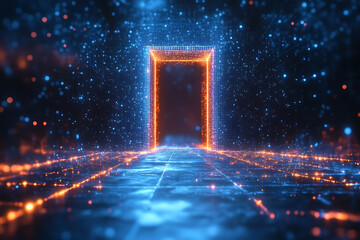 Open door icon with light shining through, designed in wireframe style on a dark blue background, symbolizing opportunity and new beginnings.

