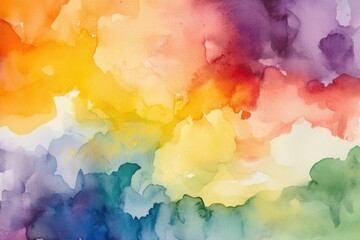 A vibrant abstract painting with a blend of colorful watercolor washes in yellow, orange, purple, and blue hues.