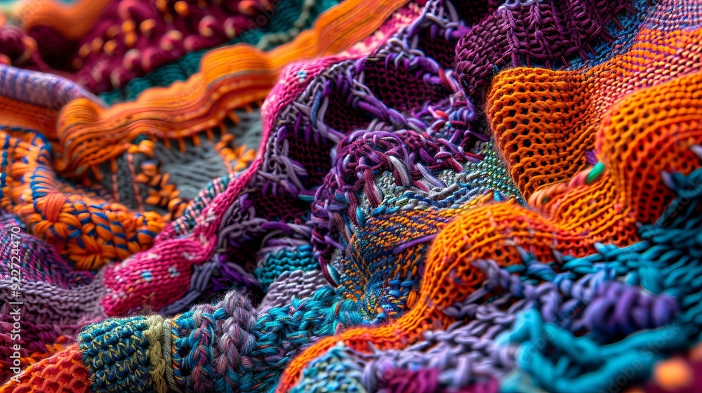 Poster detailed view of a complex knitting pattern with different yarn textures, reflecting advanced techni