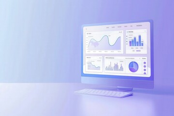 A sleek desktop displays a modern interface showcasing various data visualizations and analytics metrics.