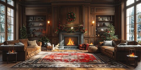 Cozy family living room with a fireplace and holiday decorations
