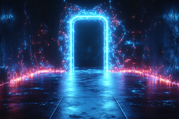 Open door icon with light shining through, designed in wireframe style on a dark blue background, symbolizing opportunity and new beginnings.

