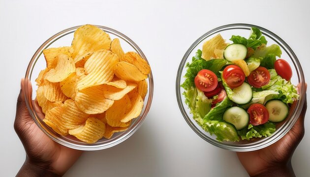 Salad or cheeps. representing a healthy and unhealthy food choice. Generated image