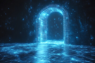 Open door icon with light shining through, designed in wireframe style on a dark blue background, symbolizing opportunity and new beginnings.

