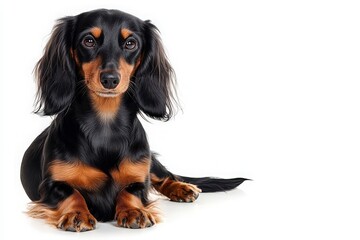 A charming Dachshund with shiny black and tan fur sits serenely, showcasing its playful spirit and adorable expression.