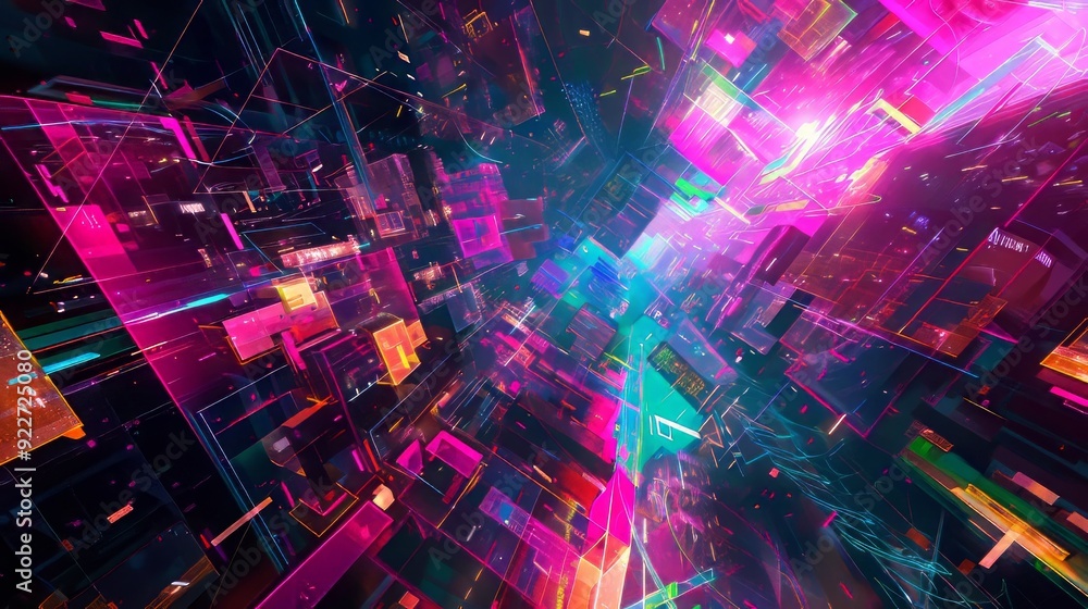 Poster abstract illustration of geometric shapes and structures in colorful neon colors and lights in cyber