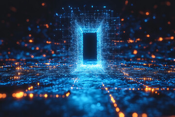 Open door icon with light shining through, designed in wireframe style on a dark blue background, symbolizing opportunity and new beginnings.

