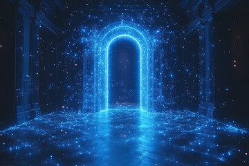 Open door icon with light shining through, designed in wireframe style on a dark blue background, symbolizing opportunity and new beginnings.

