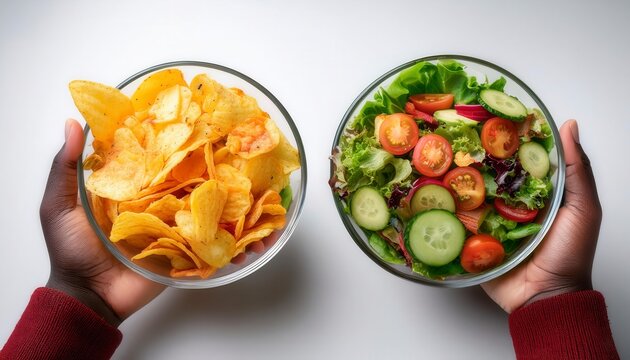 Salad or cheeps. representing a healthy and unhealthy food choice. Generated image