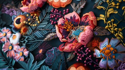 Beautifully embroidered floral design on a fabric, emphasizing vibrant colors and delicate stitching