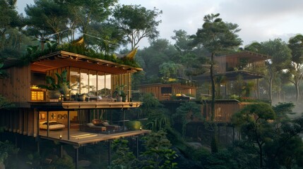 Eco-friendly lodge nestled in a pristine forest, offering sustainable luxury and breathtaking views