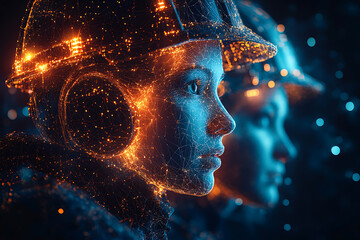 Two digital construction workers wearing holographic safety helmets, highlighting futuristic technology and augmented reality in engineering and construction.
