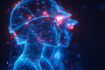 Obraz premium Two digital construction workers wearing holographic safety helmets, highlighting futuristic technology and augmented reality in engineering and construction. 