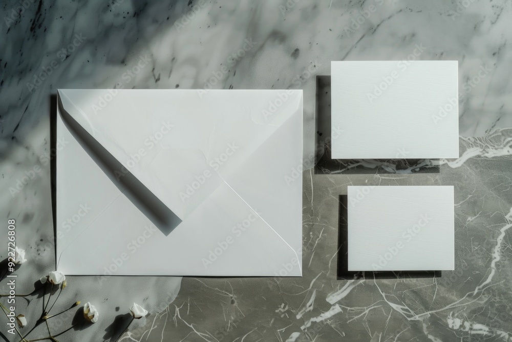 Poster a simple office or desk scene featuring a white envelope and a pen lying on top