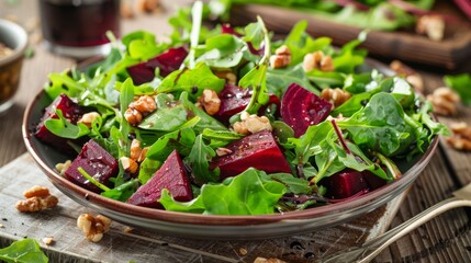 Crisp and flavorful mixed greens salad with roasted beets, walnuts, and a balsamic vinaigrette