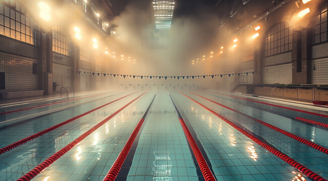 Indoor swimming pool, red lane lines, starting blocks, backlit lights, ladders and handrails, slight smoke, energy of sports. Generative AI.