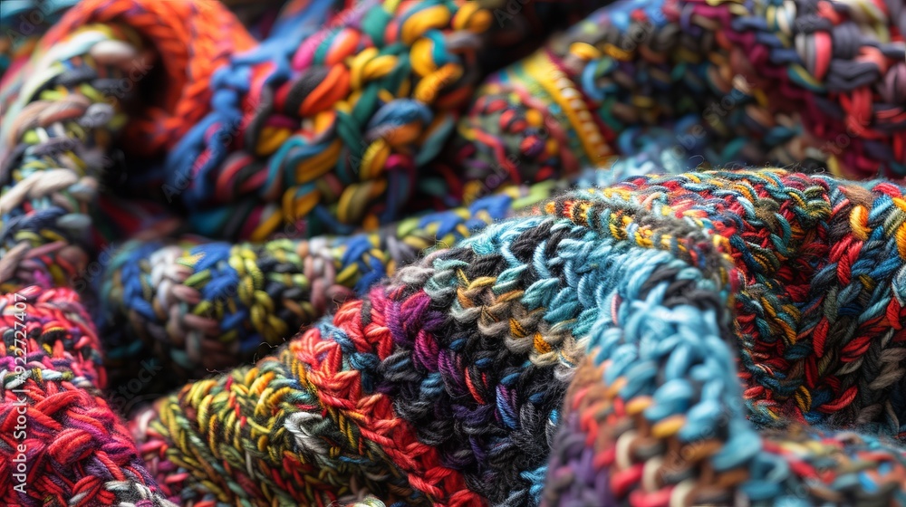 Poster detailed view of a complex knitting pattern with different yarn textures, reflecting advanced techni