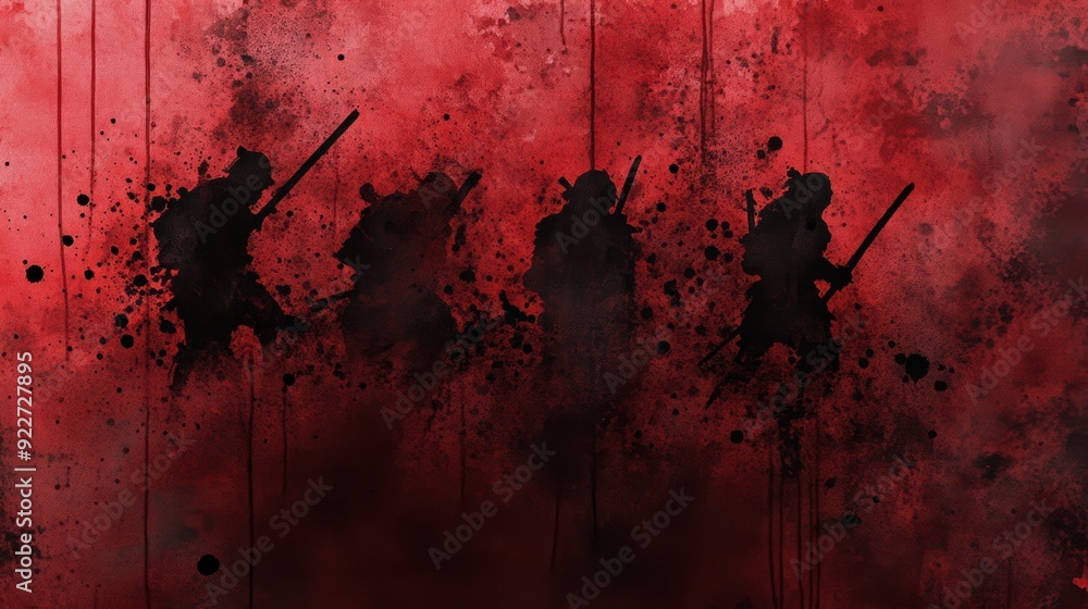 Poster a group of ninja or samurai silhouettes in black and red with blood splatter, ai