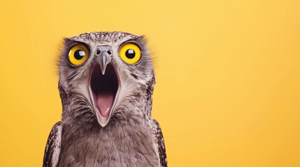 Fototapeta premium Portrait of Funny Owl with Open Beak, Looking Shocked or Impressed Against Yellow Background. Generative ai