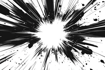This striking graphic showcases a black and white explosion, ideal for manga or comic art. It conveys energy and action through bold splashes and vibrant lines, creating a dramatic visual statement