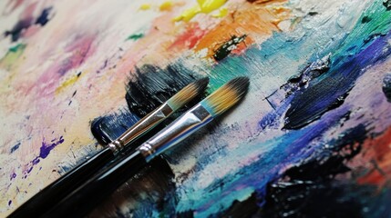 Fototapeta premium Two brushes are sitting on top of a painting with paint, AI