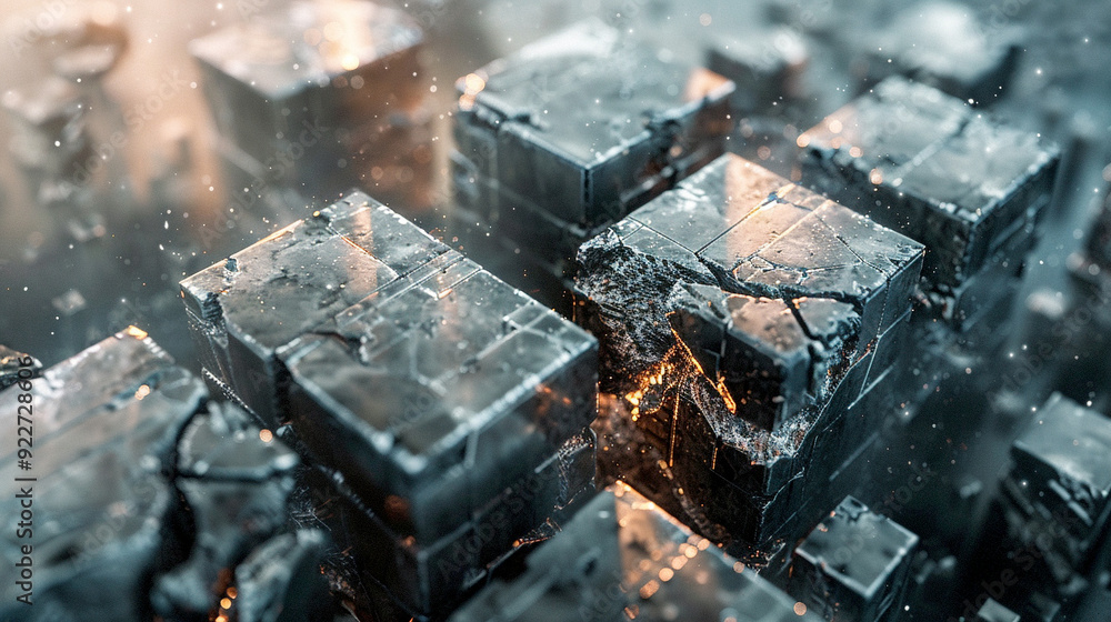 Poster abstract composition of metallic cubes with glowing edges in a misty atmosphere