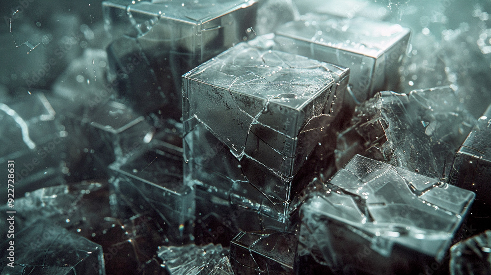 Poster Ice cubes with intricate patterns scattered on a textured surface in soft lighting