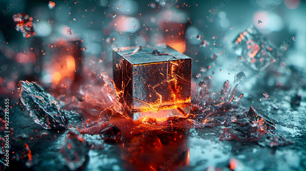Poster a vibrant display of an ice cube shattering amid glowing red light in a dark setting