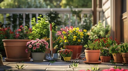 Garden tools and vibrant potted plants on a well-maintained patio, highlighting gardening essentials and design