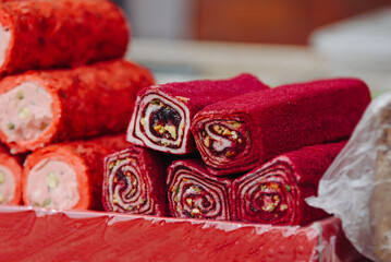 red Turkish delight lokum, Turkish sweets for sale on street