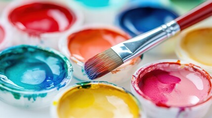 A paint brush in a bowl of water with several different colors, AI