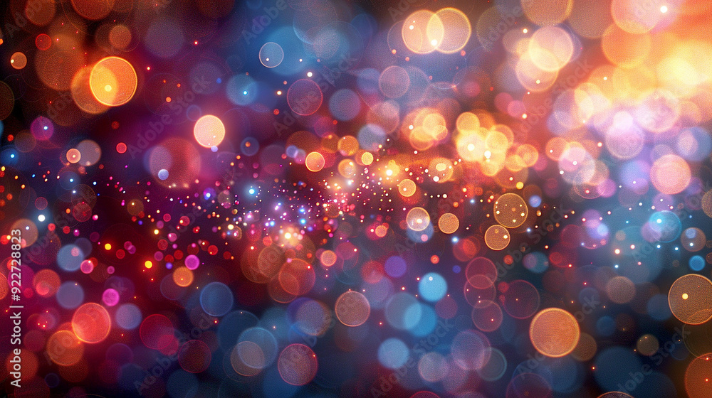 Poster brightly colored abstract bokeh lights against a dark background creating a festive atmosphere