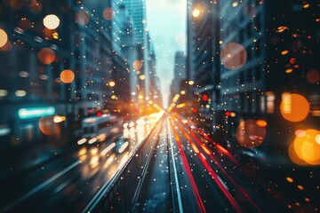Fototapeta premium Urban scene at night with blurred buildings and streets