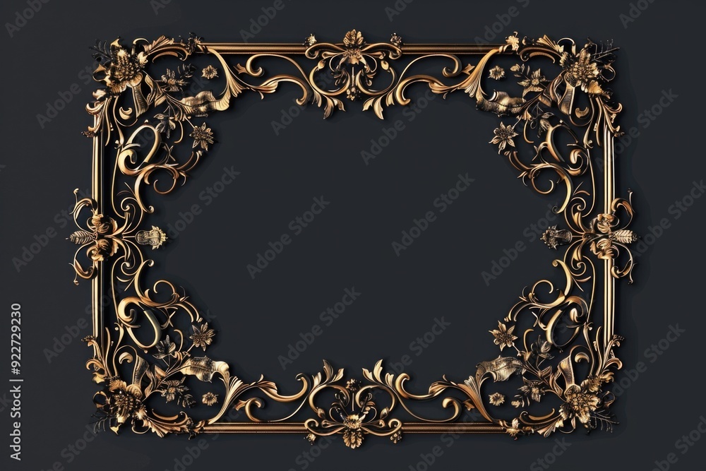 Poster a beautiful golden frame adorned with flowers and vines on a dark background, suitable for use in ho