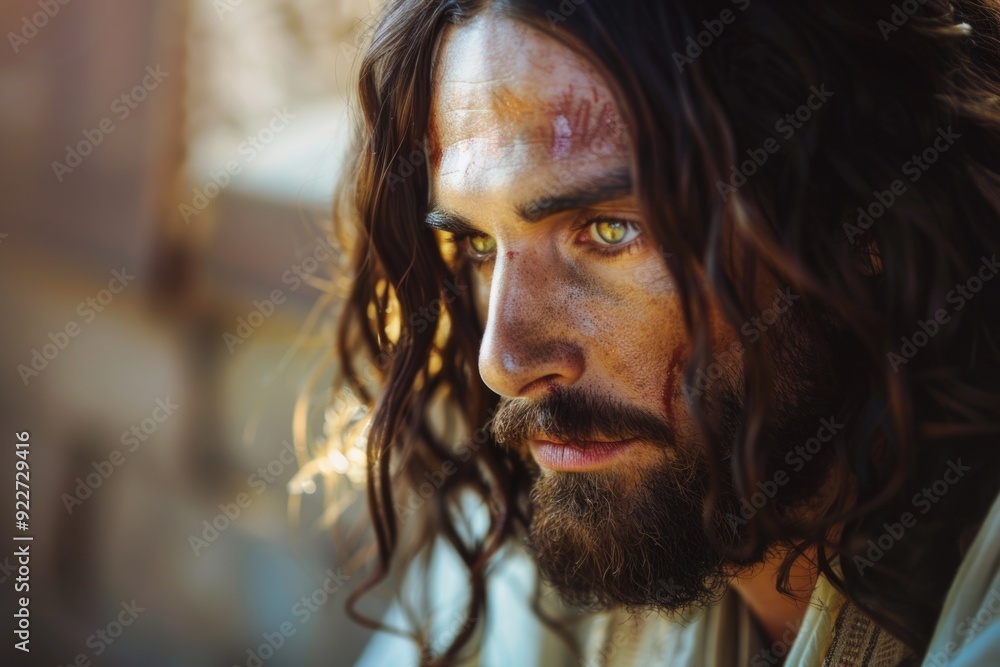 Aufkleber Portrait of a man with long hair and a beard, perfect for profile or background use