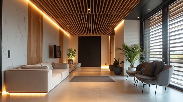 A wide and deep room, with a black door in the background of the picture, wooden louvers ceiling with lowered organic gypsum board ceilings concealing led lights. Generative AI.