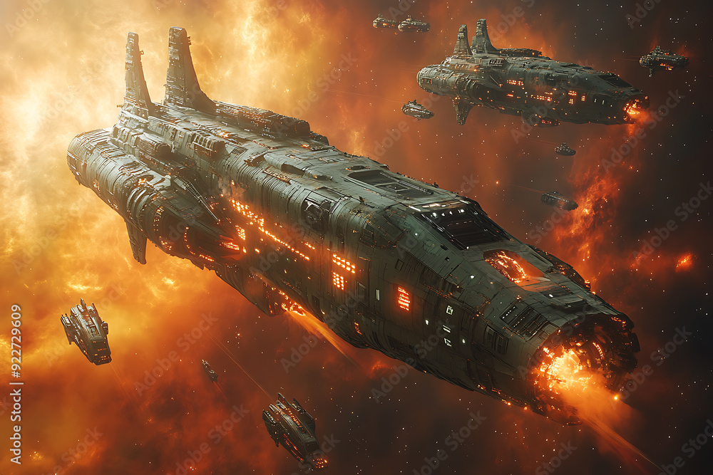 Poster an armada of spaceships preparing for battle against the vast backdrop of endless space, evoking a s