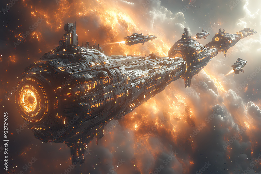 Poster an armada of spaceships preparing for battle against the vast backdrop of endless space, evoking a s