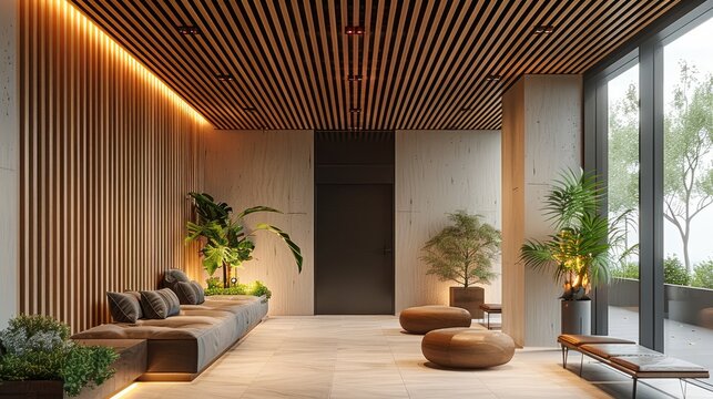 A wide and deep room, with a black door in the background of the picture, wooden louvers ceiling with lowered organic gypsum board ceilings concealing led lights. Generative AI.