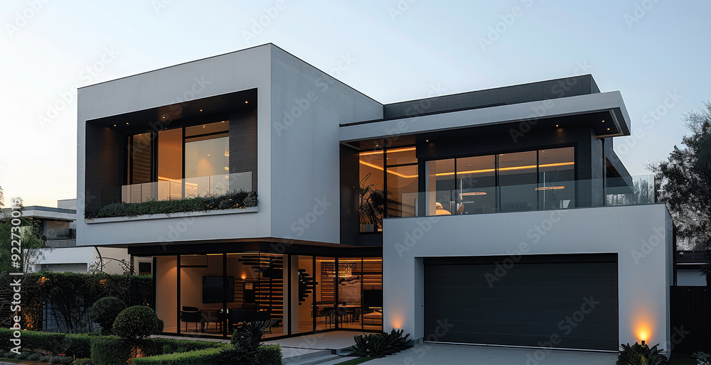 Aufkleber A modern minimalist house in a suburban setting, showcasing its entire architectural design with clean lines and a sophisticated facade. Generative AI.