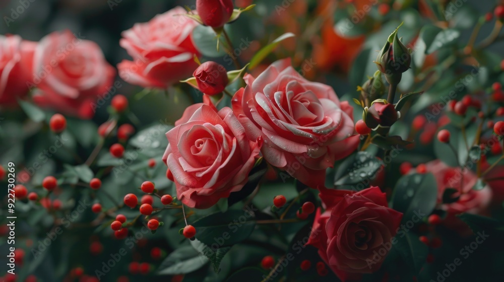 Poster A cluster of fresh red roses captured in a tight shot