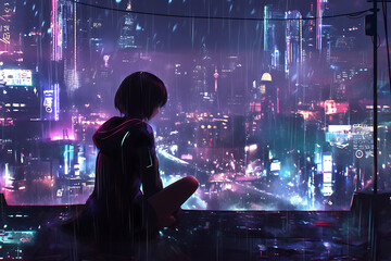 Obraz premium Lofi girl sits by the window, watching raindrops fall as neon lights glow outside, creating a peaceful and futuristic atmosphere.