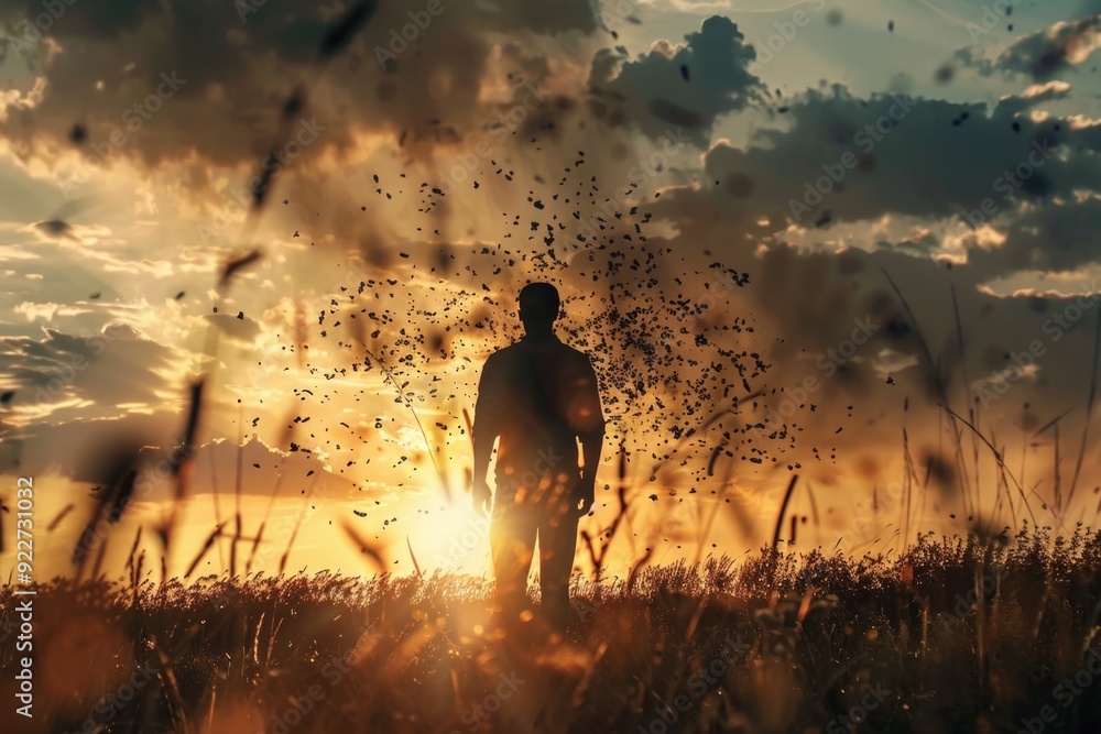 Poster a person stands in an open field surrounded by many birds in flight