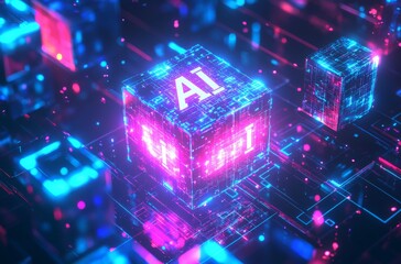 Neon illuminated data blocks with AI text in a futuristic digital space