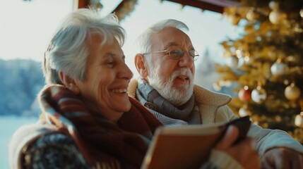 Elderly white couple joyful moment reading book together Christmas tree cozy home